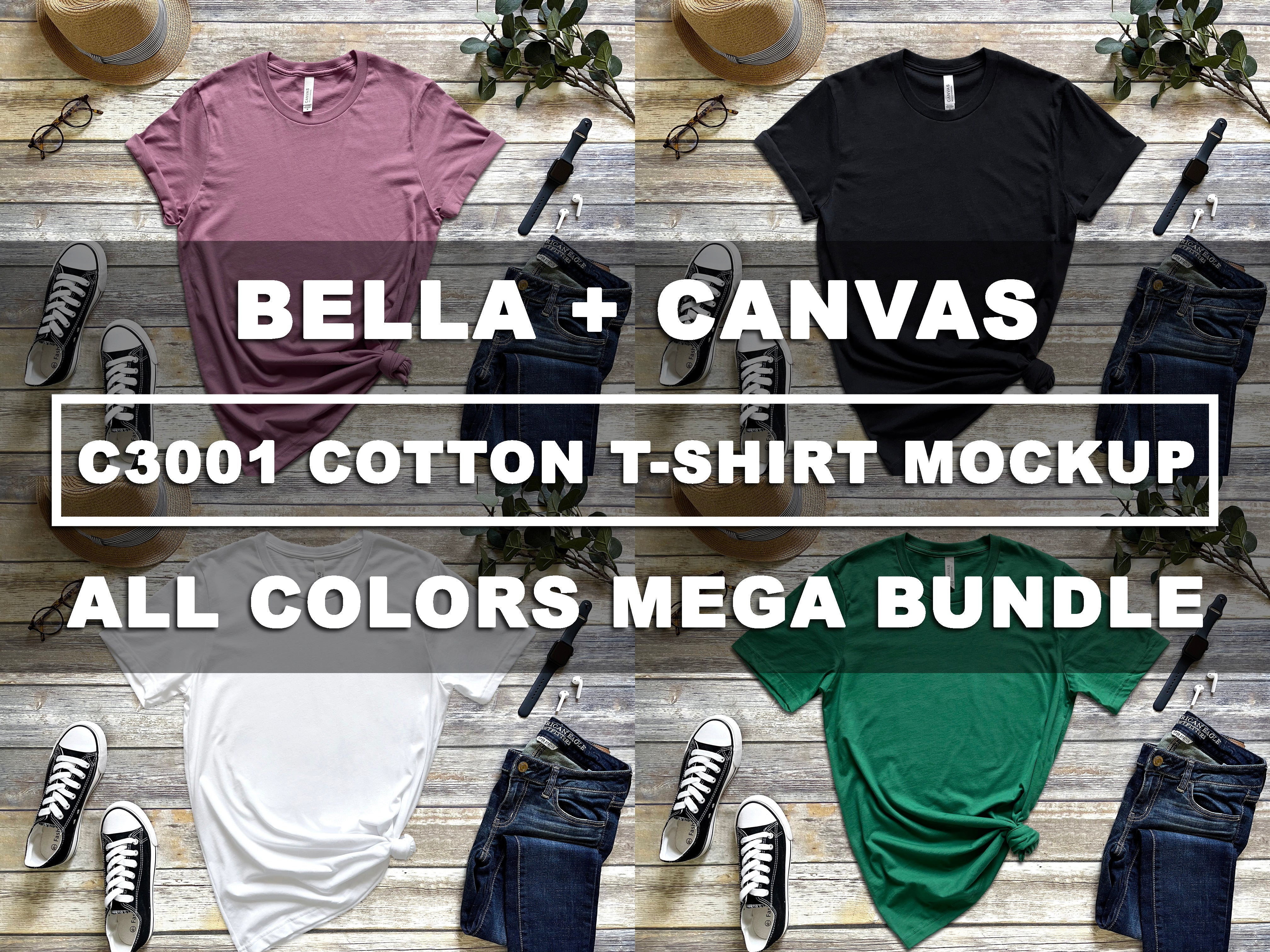 Bella Canvas 3001 Cotton All Colors Bundle T Shirt Mockup Short Sleeves Flat Lay High Resolution 4 3 Ratio 300dpi JPG Wood Background Ver.1